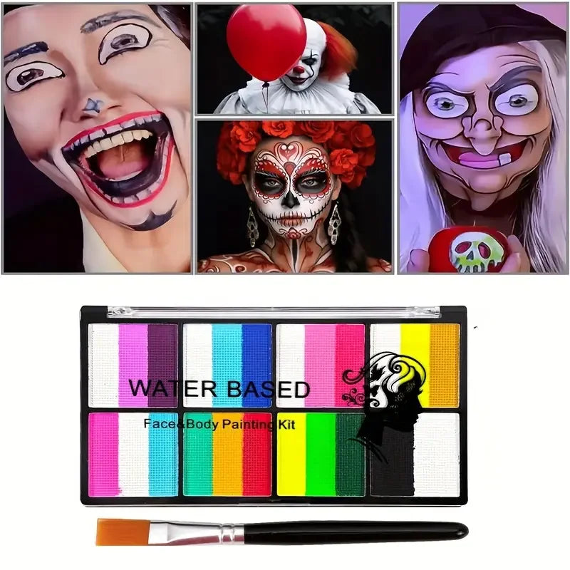 Palette Rainbow Stripe Paint Set with Brushes, Water Based Dual-Tone Face and Body Paint Palette, Christmas Halloween  Cosplay Tri Light Beauty