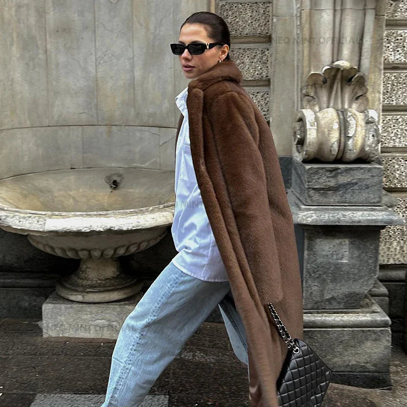 Neo Mint 2024 Winter Luxury Faux Mink Fur Coat Women Iconic Brand Long Outerwear Jacket Crystal Hooks Street Style Warm Overcoat LadyShow.Store