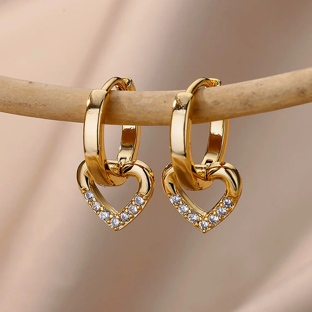 Hollow Zircon Heart Earrings For Women Stainless Steel Gold Color Heart Earring Luxury Wedding Couple Jewelry Gift Free Shipping Pi-Mart