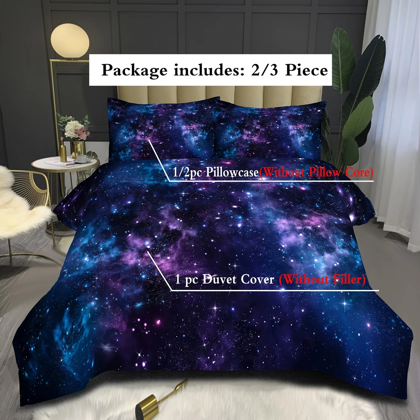 Soft and Comfortable Purple Star Galaxy Print Duvet Cover Set - Washable Microfiber Bedding for Bedroom and Guest Room Pi-Mart
