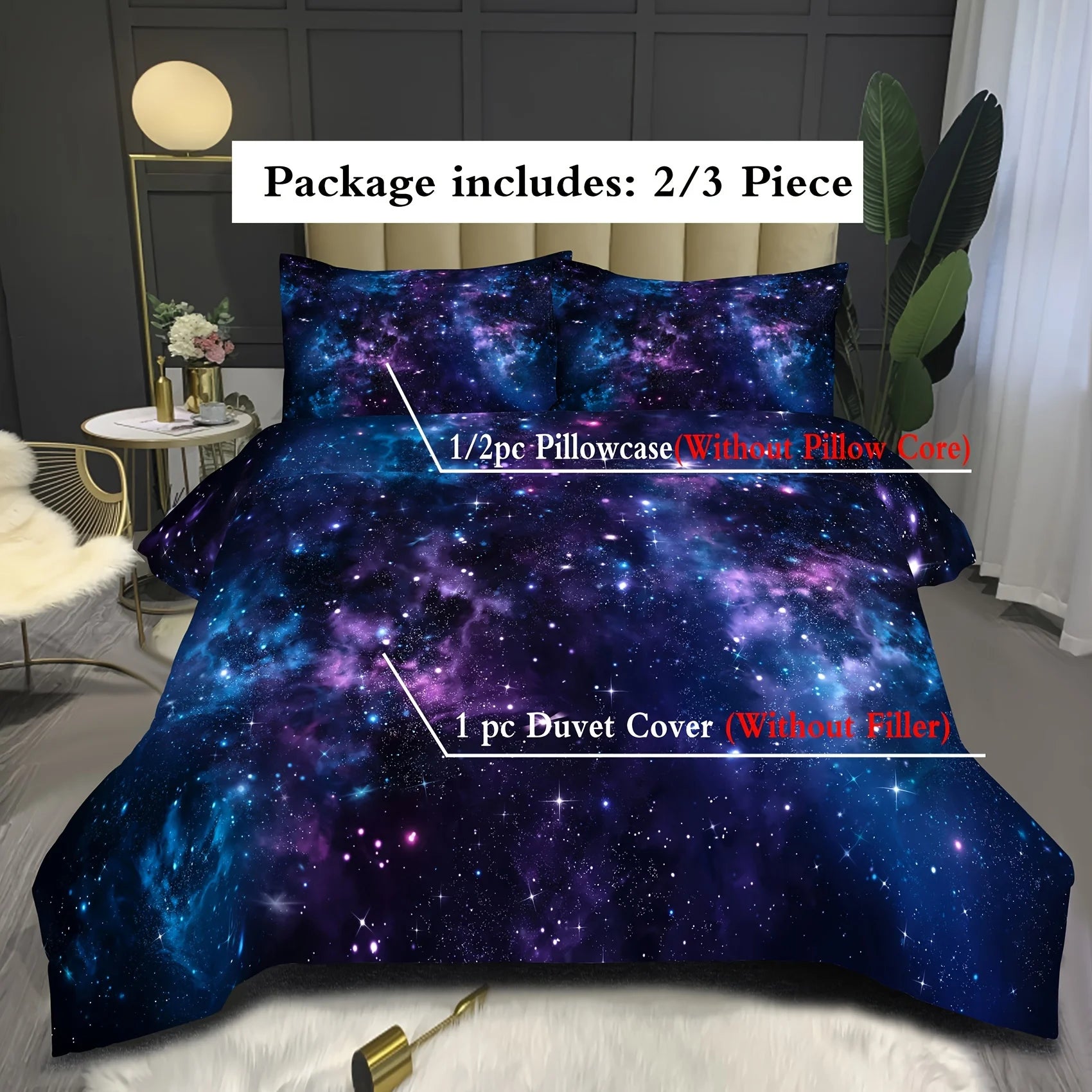Soft and Comfortable Purple Star Galaxy Print Duvet Cover Set - Washable Microfiber Bedding for Bedroom and Guest Room Pi-Mart