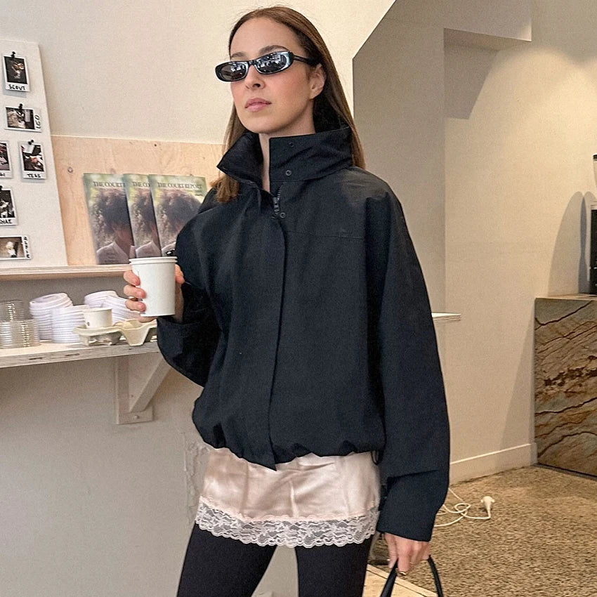 Linad Street Chic Red Turtleneck Zipper Jackets Autumn Casual Long Sleeve Outerwear Fashion Coats For Woman Tops Female 2025 Pi-Mart