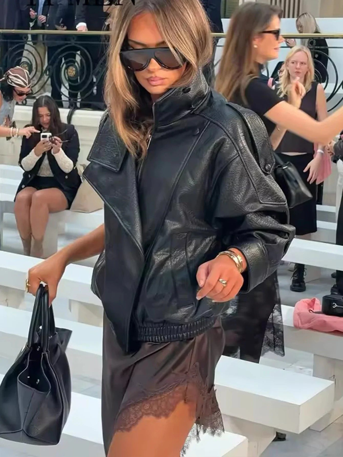 TFMLN Chic Black Faux Leather Jackets Women Long Sleeve Buttons Elastic Oversized Coats Fashion 2025 Autumn Winter Streetwear LadyShow.Store