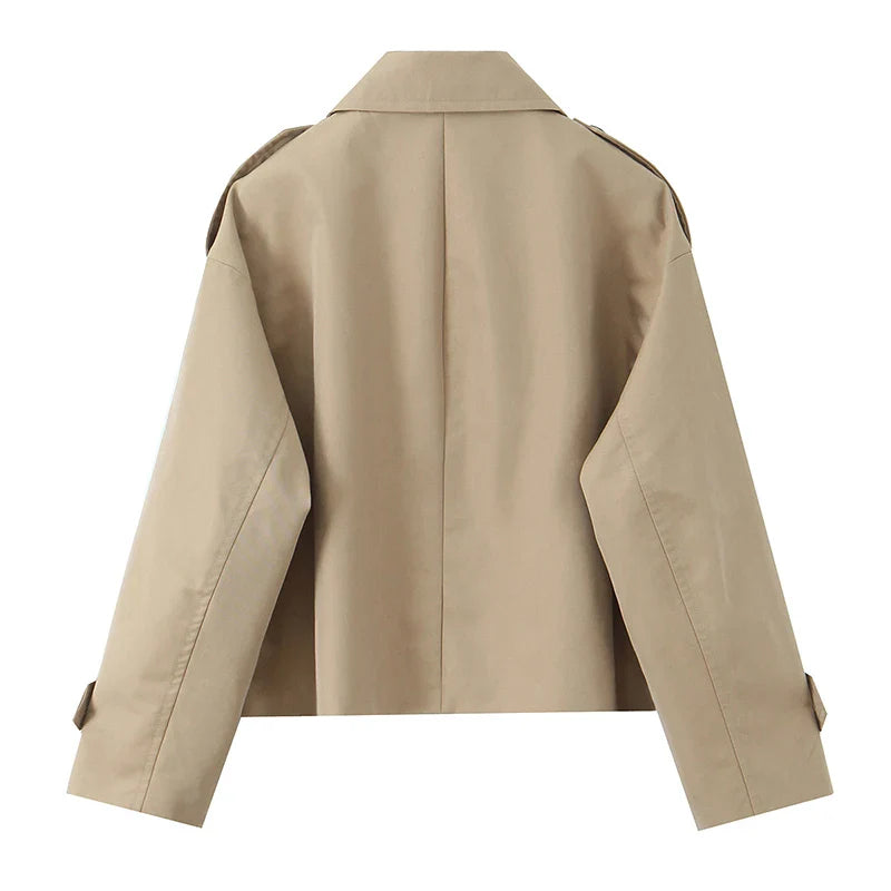 Willshela Women Fashion Khaki Double Breasted Short Trench Jacket Vintage Notched Neck Long Sleeve Female Chic Lady Coat Outfits LadyShow.Store