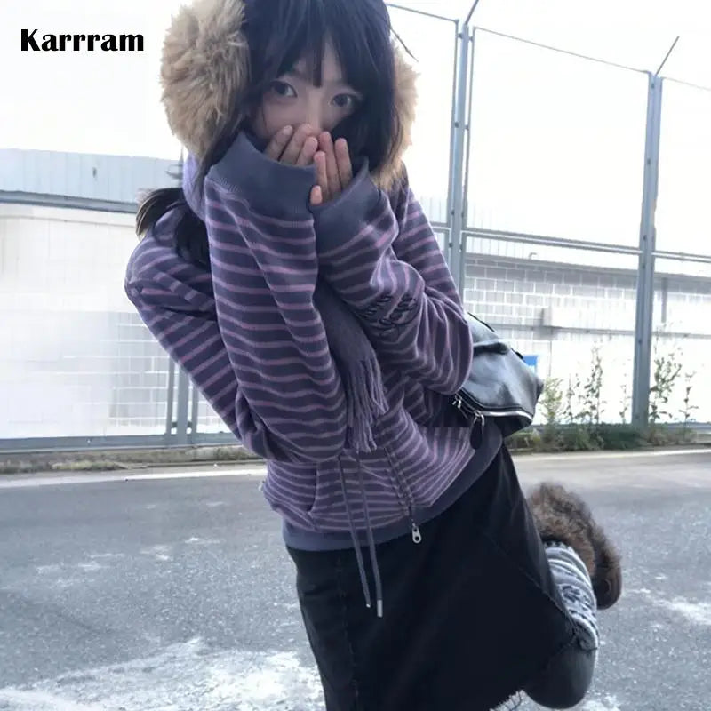 Karrram Japanese Y2k Purple Striped Cardigan 2000s Style Turtleneck Knitted Jacket Vintage Harajuku Zipper Knitwear Korean 90s LadyShow.Store