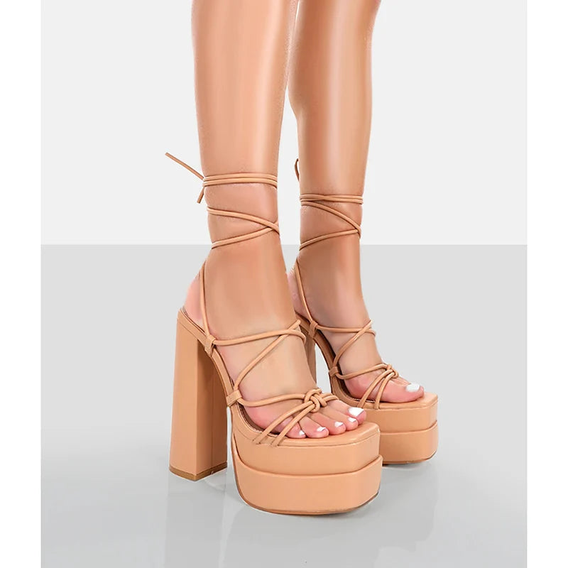 FF2025 New Fashion Solid Colored Cross-tied Heels Supper High Platform Dressing Sandals Peep-toe Square Heel Summer Footwear Pi-Mart