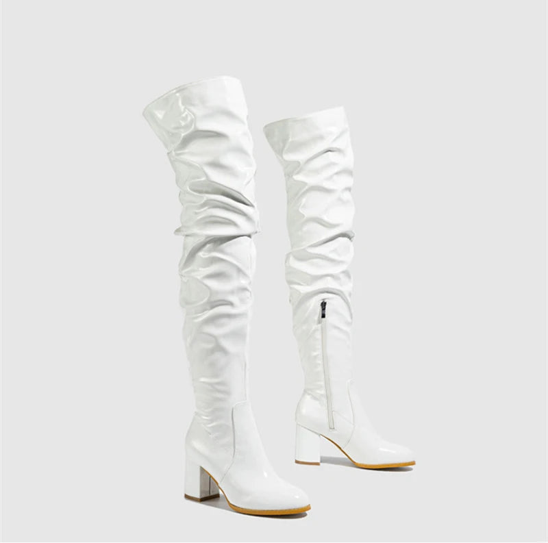 Hlieny 2026 Winter New Thigh High Boots Fashion Patent Leather Round Toe Zip Female Square Heels Pleated Design Women's Shoes Pi-Mart