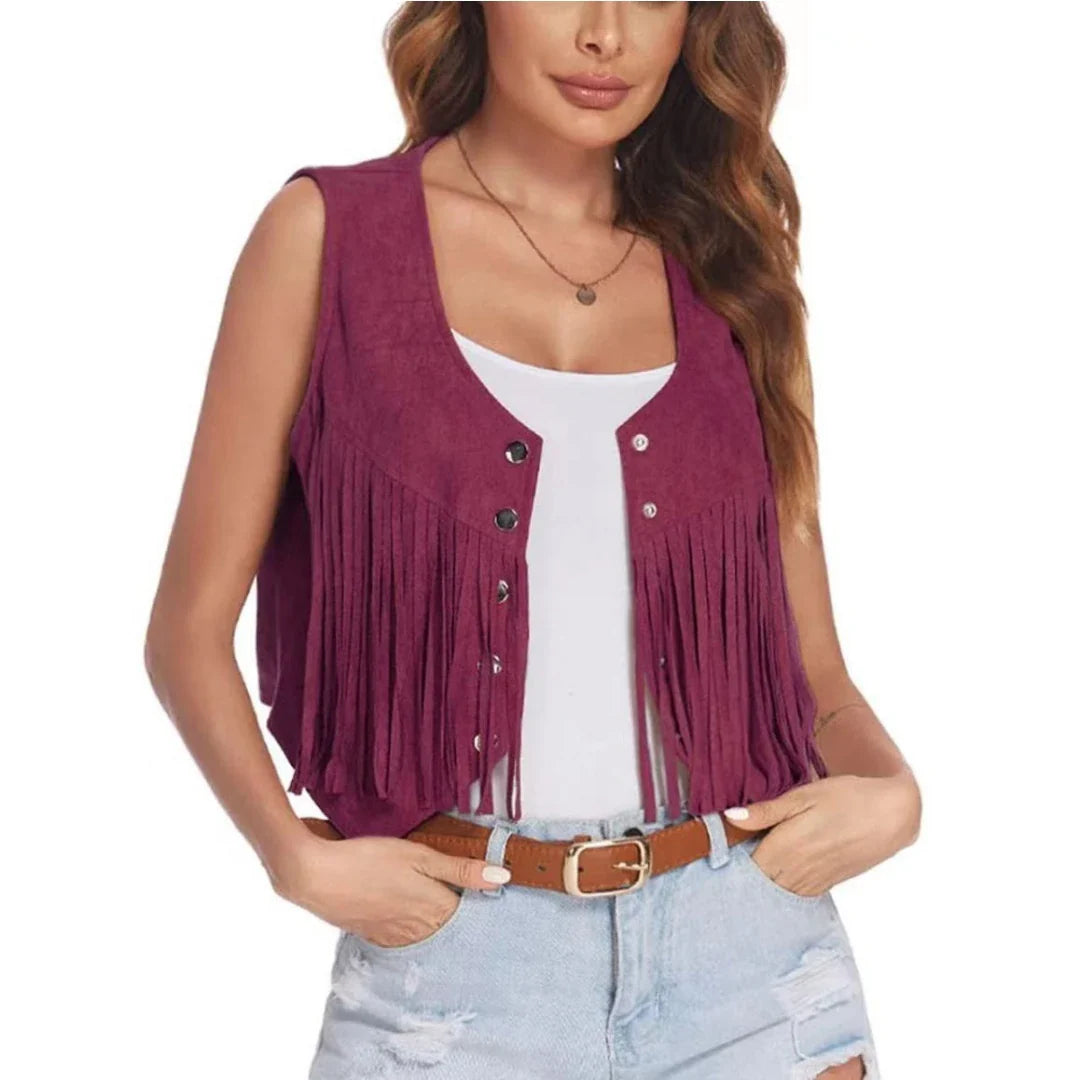 Women Faux Suede Ethnic Sleeveless For Jacket Rivet Fringe Tassels Hippie Open Front Cardigan Vintage Cowgirl Waistcoat Vest LadyShow.Store