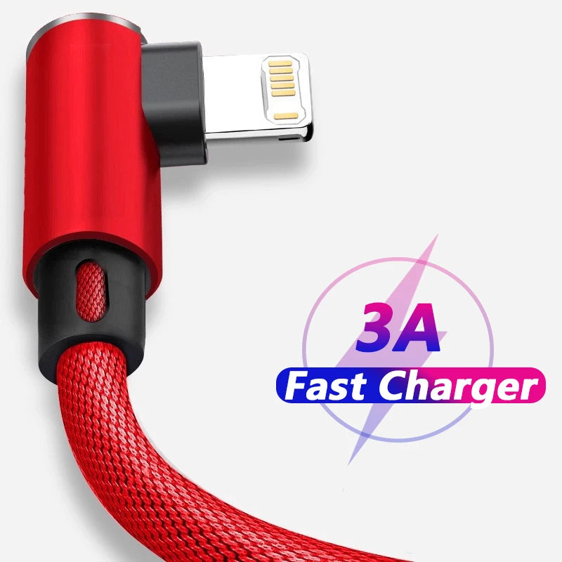 90 Degree USB Cable For iPhone 14 13 12 11 Pro Max X XR 6s 7 8 Plus 2m 3m Lead Mobile Phone Fast Charging Cord Data Charger Wire Pi-Mart
