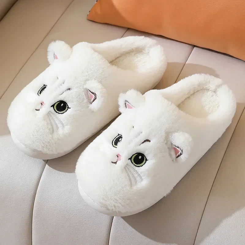 Cute Cat Slippers Fluffy Furry Women Home Platform Slippers Men Winter Plush Slides Indoor Fuzzy Slippers Lovely Cotton Shoes LadyShow.Store