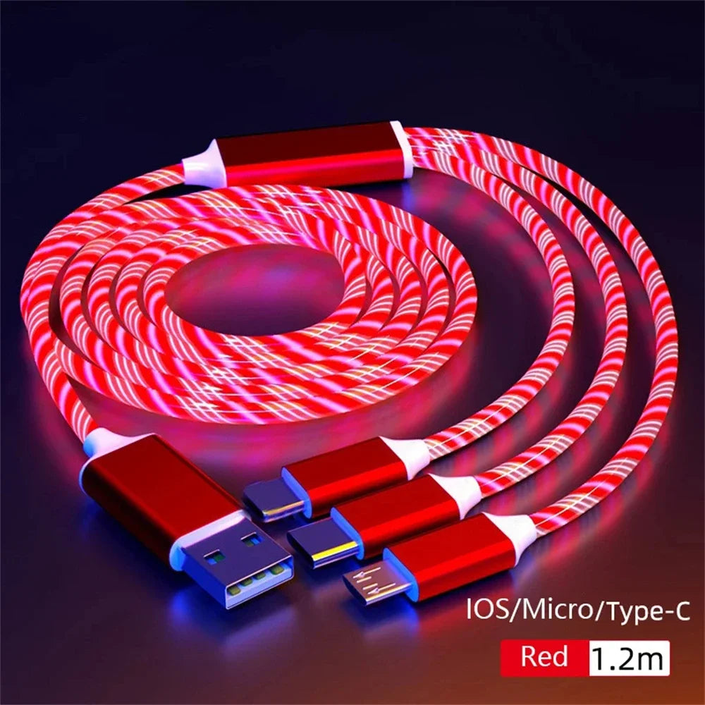 Glowing LED Light USB 3 IN 1 cable Phone Fast Charging Charger Luminous Type C Cable For Xiaomi iPhone Phone Accessories Pi-Mart