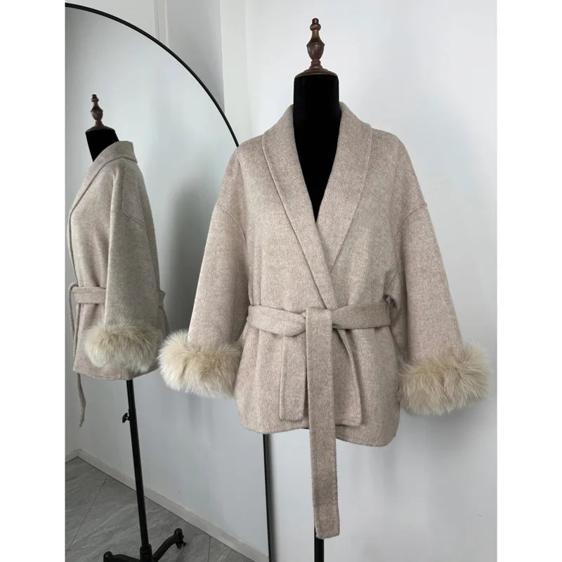 TARUXY Fox Fur Woolen Coats Women's Short Coat Office Lady Removable Elegant Double-sided Wool Overcoat 2025 New Cardigan Jacket LadyShow.Store