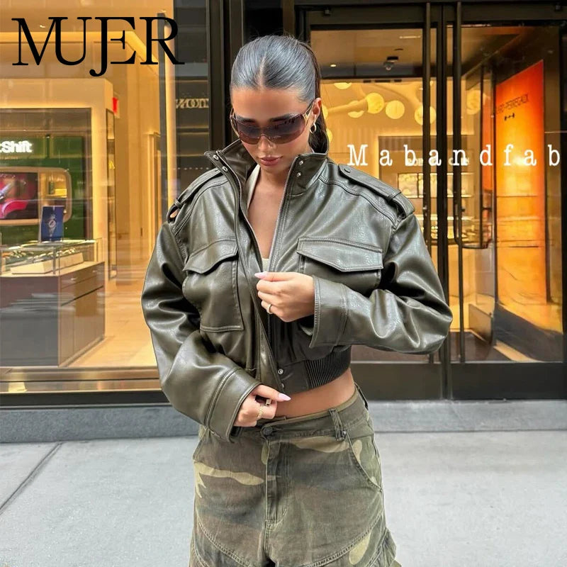 MUJER Faux Leather Cropped Jacket Women Bomber Demi-season Jackets for Women Long Sleeve Women's Coats Zip Overcoat Jacket Women LadyShow.Store