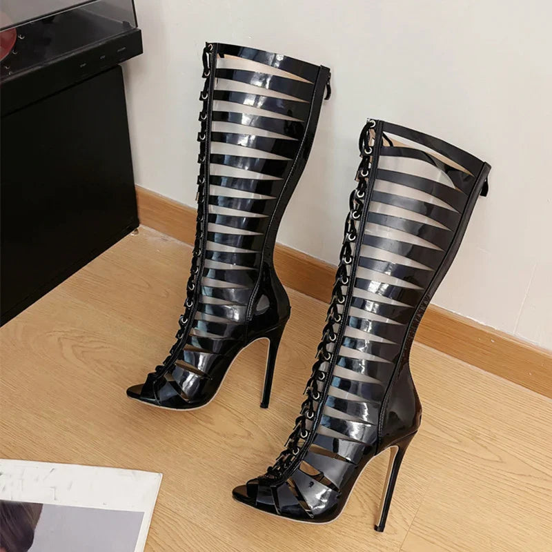 Liyke Fashion Hollow Out Cross Strap Knee High Boots Sandals Women Zip Sexy Peep Toe Stripper Heels Shoes Female Long Booties LadyShow.Store