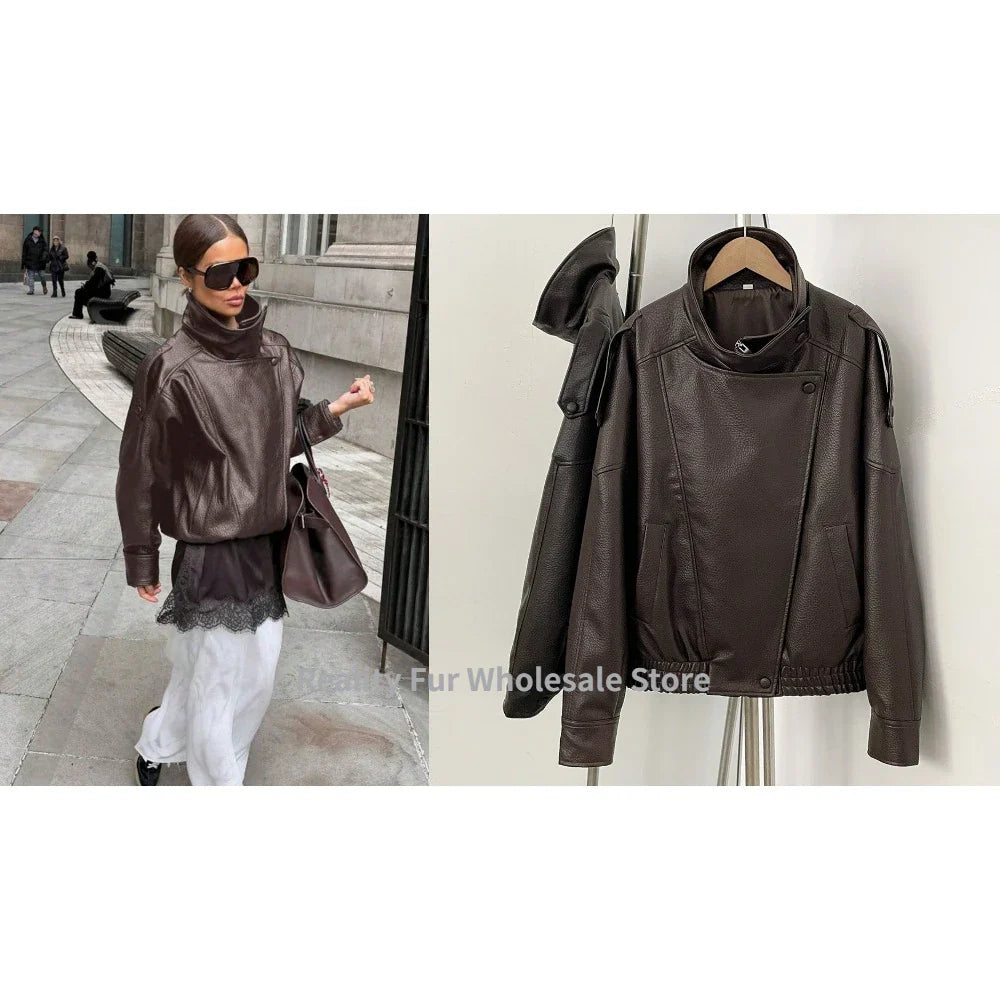 Fake leather Coat Women Y2k Faux Leather Jacket New Casual PU Jacket Motorcycle Style Leather Jacket Pebble Fall Personality LadyShow.Store