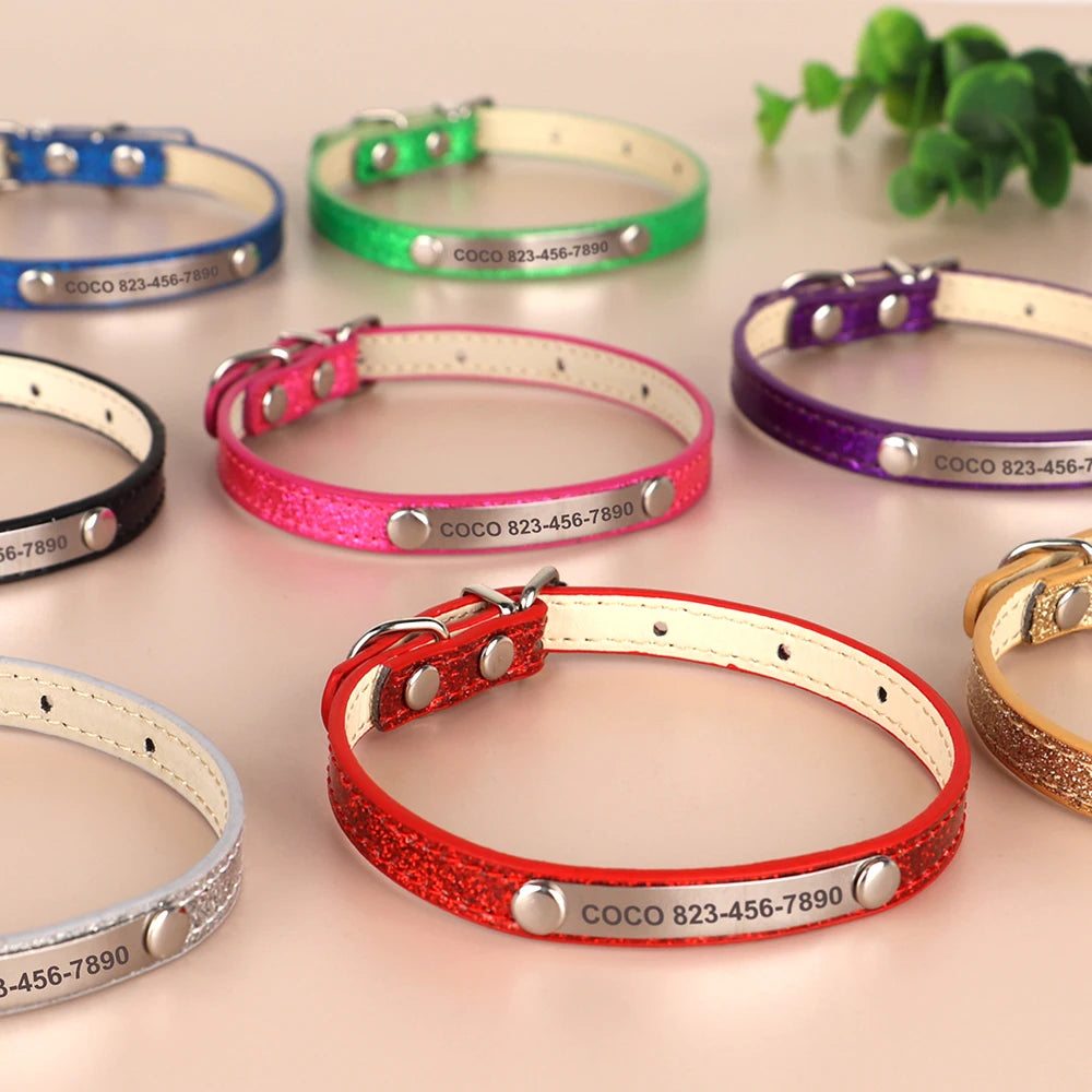 Personalized Cat Collar Custom Leather Cat Collars Free Engraved Puppy Kitten ID Necklace Bling Pet Collars for Small Dogs Cats Pi-Mart