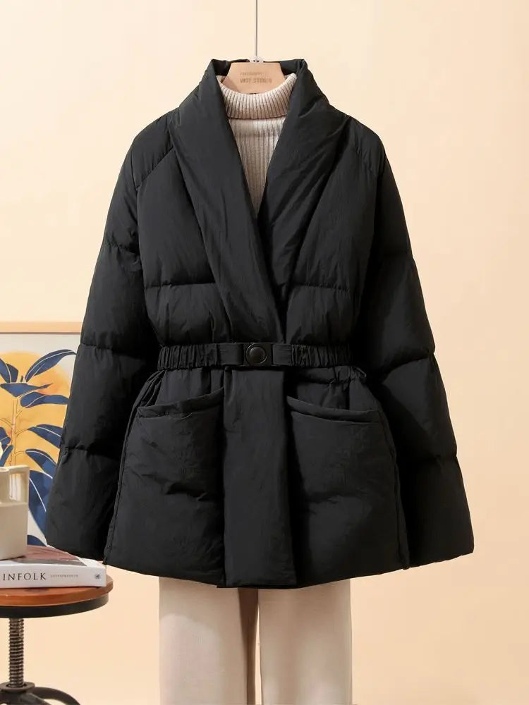 New Fashion Temperament Cotton Coat Women Winter Warm Solid Color V-neck Gathered Waist Jacket Coats Parkas with Belt LadyShow.Store
