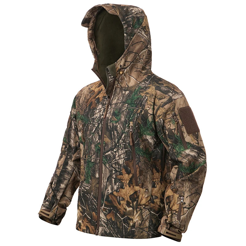 Men's Silent Soft Shell Camouflage Tactical Jacket Waterproof Warm Fleece Hunting Jackets Outdoor Hiking Fishing Hooded Coat Pi-Mart