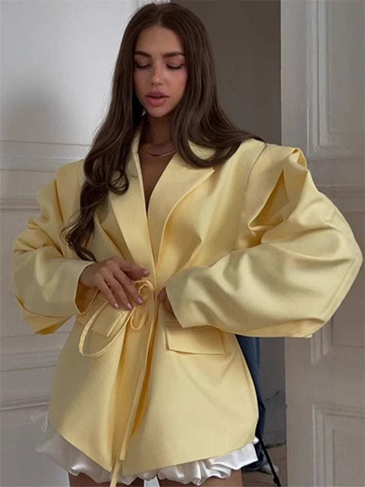 Tossy Elegant Commute Suit jacket Female Lace-Up Loose Pocket Patchwork Lapel Party Looks Outwear For Women Bandage Coat jacket LadyShow.Store
