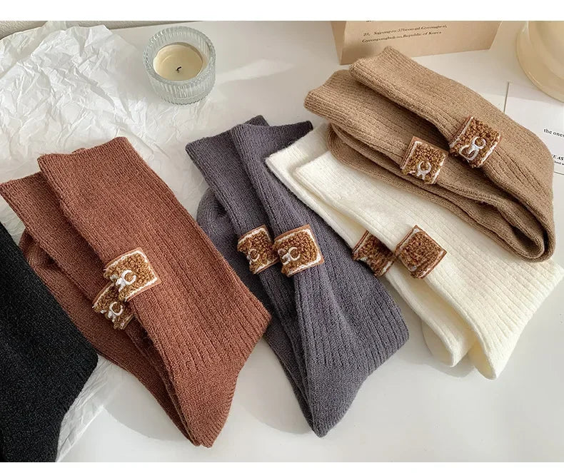 1/3Pairs Winter Thick Warm Padded Socks Solid Color Mid Calf Socks Women’s Casual Embroidered Logo Pile Socks Cold Weather Wear Pi-Mart