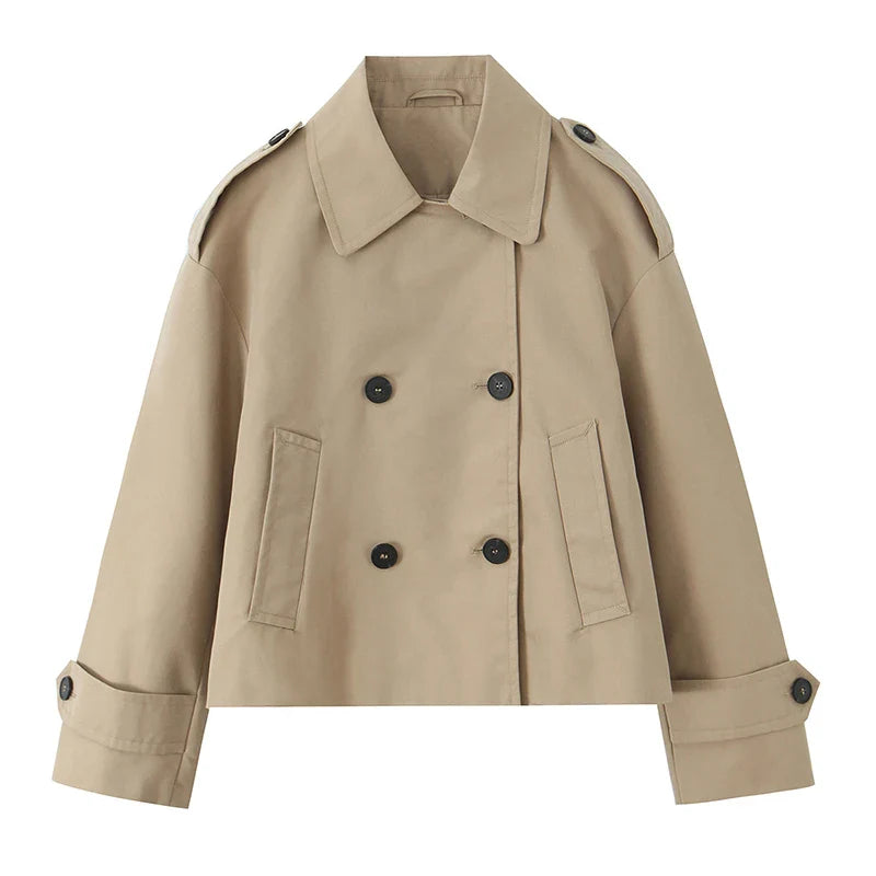 Willshela Women Fashion Khaki Double Breasted Short Trench Jacket Vintage Notched Neck Long Sleeve Female Chic Lady Coat Outfits LadyShow.Store