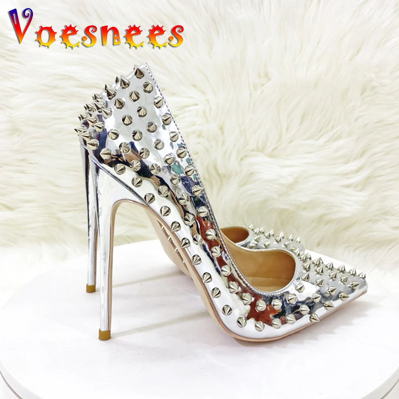Women New Rivet High Heels 12CM Fashion Pointed Toe Party Single Shoes Europe And America Club Stage Pumps Silver Plus Size 43 Pi-Mart