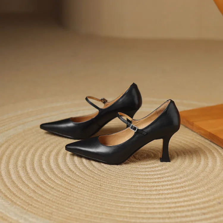 NEW Spring/Autumn Women Pumps Genuine Leather Shoes for Women Pointed Toe Thin Heel Shoes Shallow Buckle Strap Mary Janes Shoes Pi-Mart