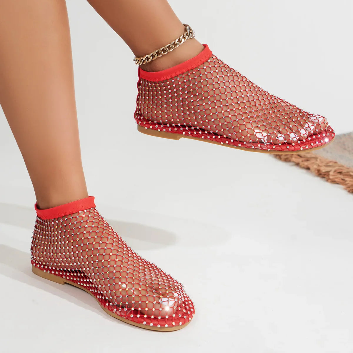 Luxury brand Women's New Round Toe Flat Bottom Slippers Hollow Short Boots Water Diamond Sexy Flat Bottom Banquet  Sandals LadyShow.Store