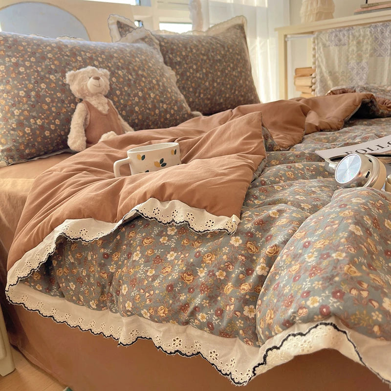 Summer Quilt Korean Style Duvet with Lace Single/Queen Size Comforter Flower Printed Quilted Blanket 여름이불 (No Pillowcase) Pi-Mart