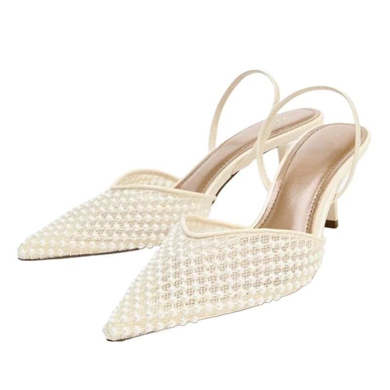 Mesh String Bead Brand Sandals Women Pumps Pointed Toe Elegant Slingback High Heels Female Designer Banquet Wedding Dress Shoes LadyShow.Store