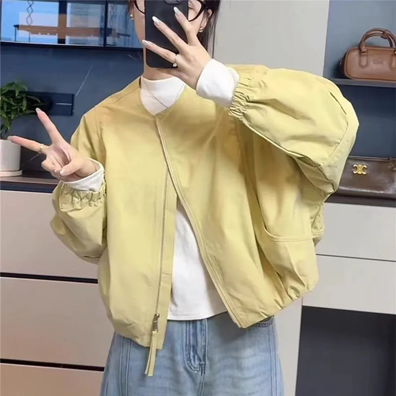 Korean Version Simple Women's Round Neck Solid Color Short Coat 2026 Spring New Female Casual Loose Jacket Joker Little Overwear Pi-Mart