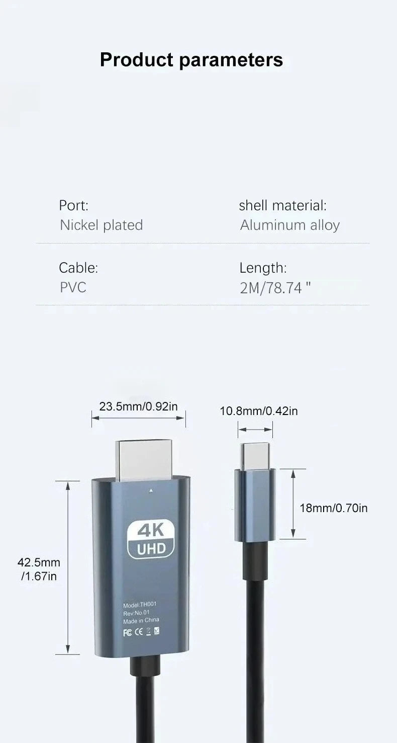 4K HD Video Conversion Cable Typec To Hdtv Same Screen Cable TV Computer 2 Meters Braided Screen Projection Cable Pi-Mart