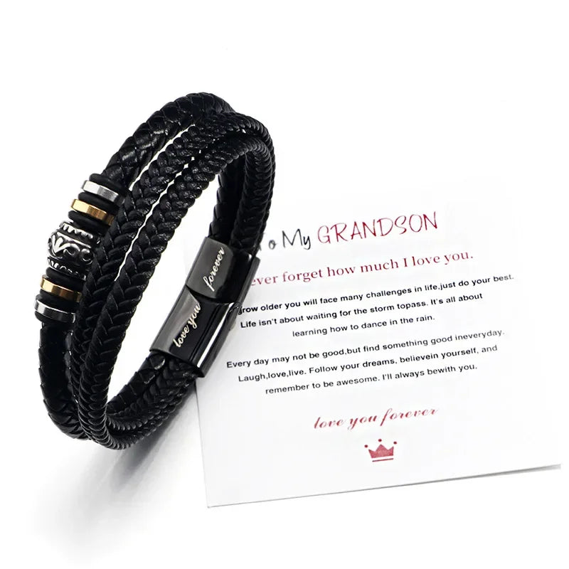 Bracelet for Son/Grandson From Parents, Stainless Steel Leather Bead Grown Up Meaningful Graduation Gifts for His Birthday 8.5" Pi-Mart