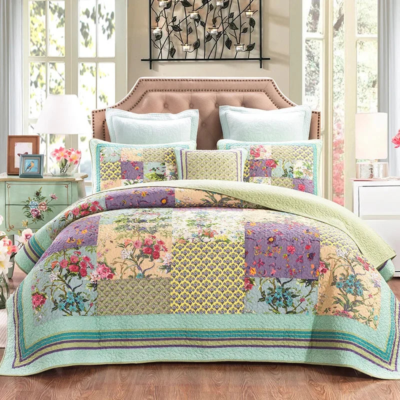 Vintage Patchwork Cotton Quilt Set 3PCS King/Queen - All-Season Thin Comforter Bedspread,Breathable Quilted Coverlet Bedding Pi-Mart