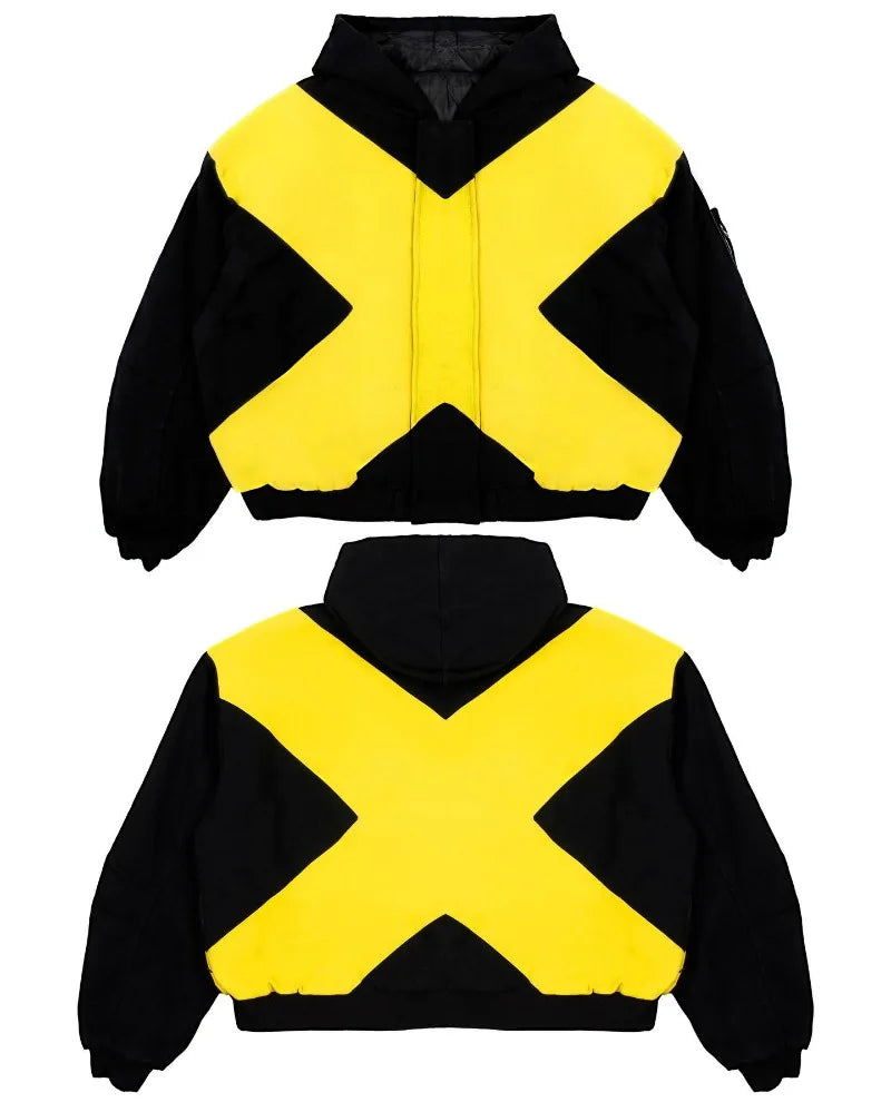 2026 American fashion brand black and yellow cross-shaped jacket high street style loose stand-up collar zipper cardigan jackett Pi-Mart