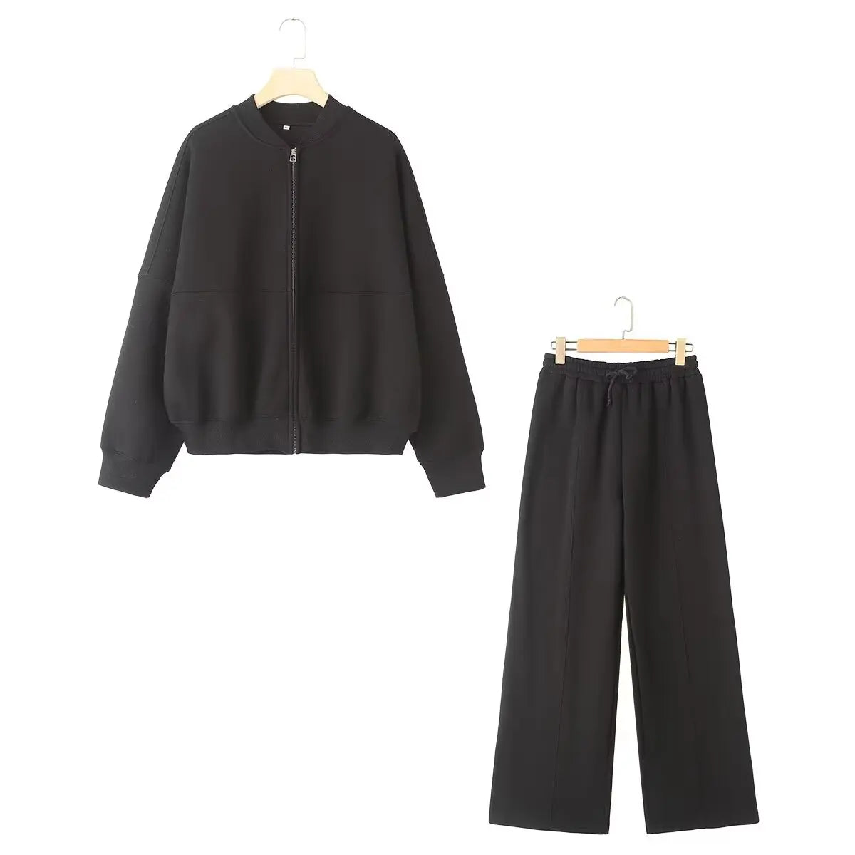 HH Women's Fall 2-Piece Retro Solid Color Zip Bomber Jacket Sweatshirt+High Waist Lace Up Women's Wide Leg Pants Street Wear LadyShow.Store