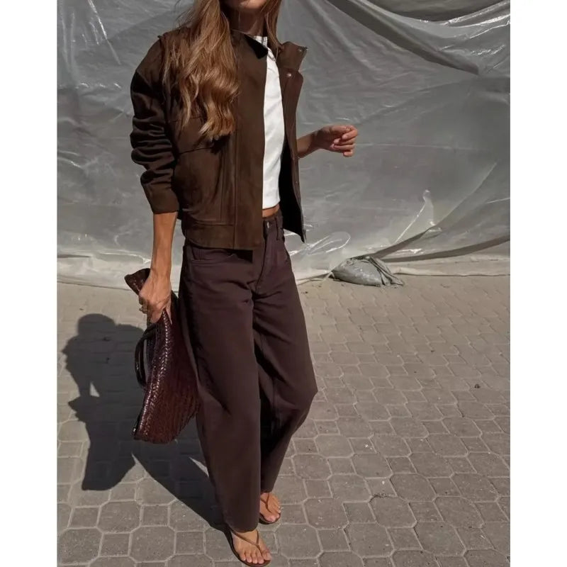 Women Suede Leather Jacket with Pockets Autumn Fashion High Collar Long Sleeve Button Jacket Lady Coats Causal Female Chic Tops LadyShow.Store
