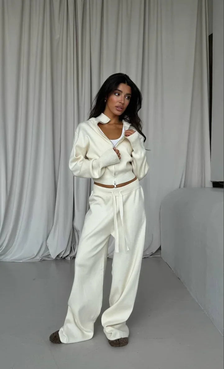 Women Cotton Knitted Cardigan Wide Leg Pants Suit Autumn and Winter Lady  Fashion Loose Daily Office Jacket Straight Pants 2Pcs LadyShow.Store