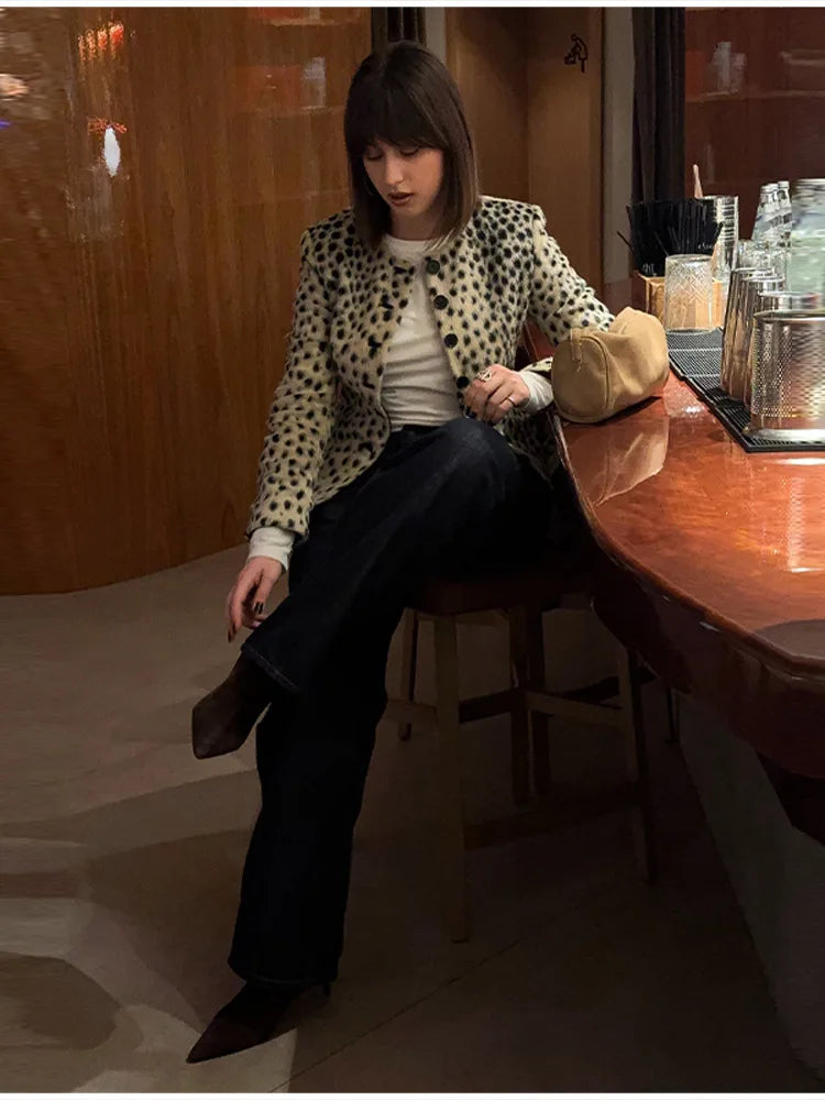 Retro Leopard Faux Fur Short Coat Lady Chic O-neck Single Button Placket Spotted Dot Cropped Long Sleeve Outerwear Street Jacket Pi-Mart