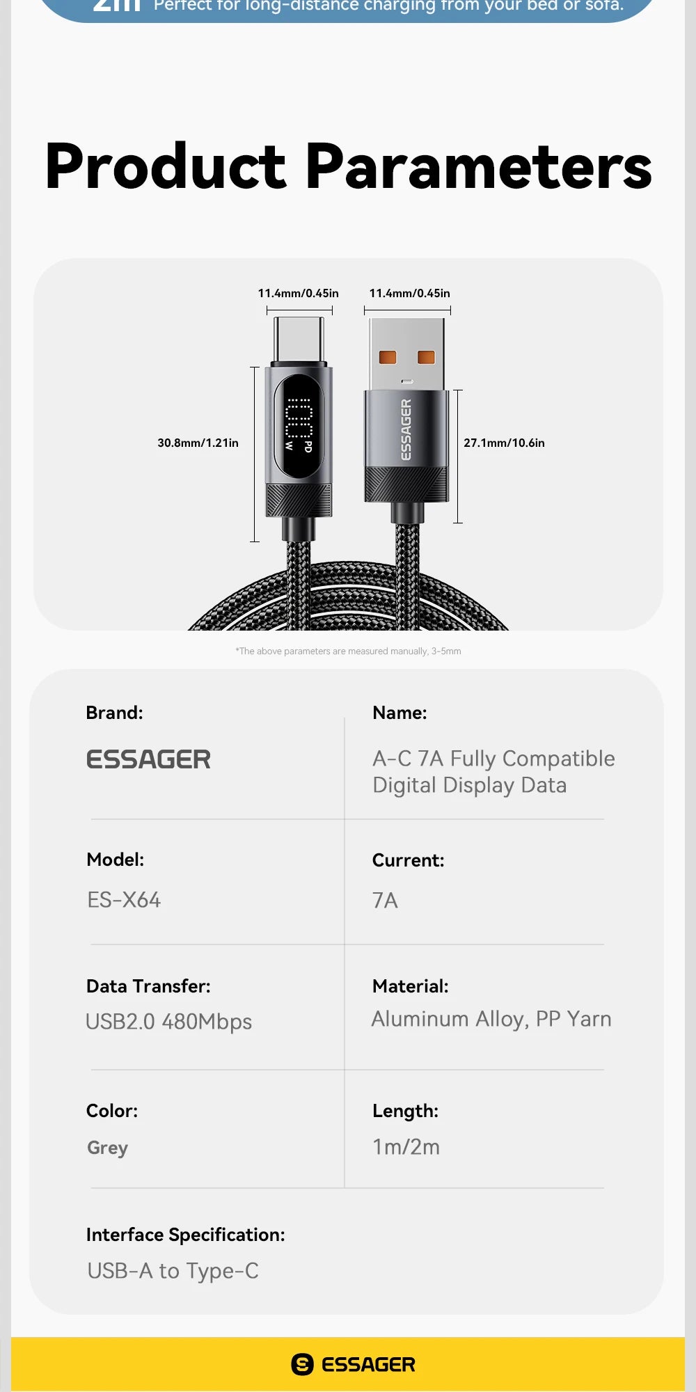 Essager Digital Dispaly USB C Cable For iPhone 17 16 15 Xiaomi Huawei 100W PD Fast Charging For Macbook iPad Type C to C Cable Pi-Mart