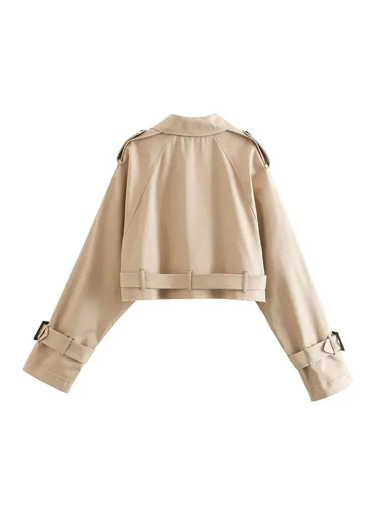 2024 Belt Cropped Trench Spring Jacket Women Vintage Streetwear Double Breasted Long Sleeve Top Female Coat Outfits LadyShow.Store