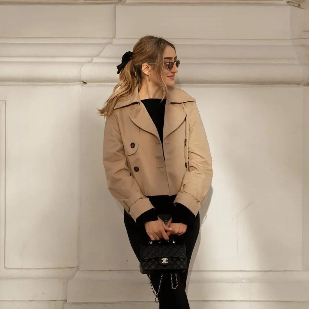 Ladies Vintage Cropped Trench Spring Autumn Jacket Women Streetwear Double Breasted Long Sleeve Top Female Chic Coat Outfits LadyShow.Store
