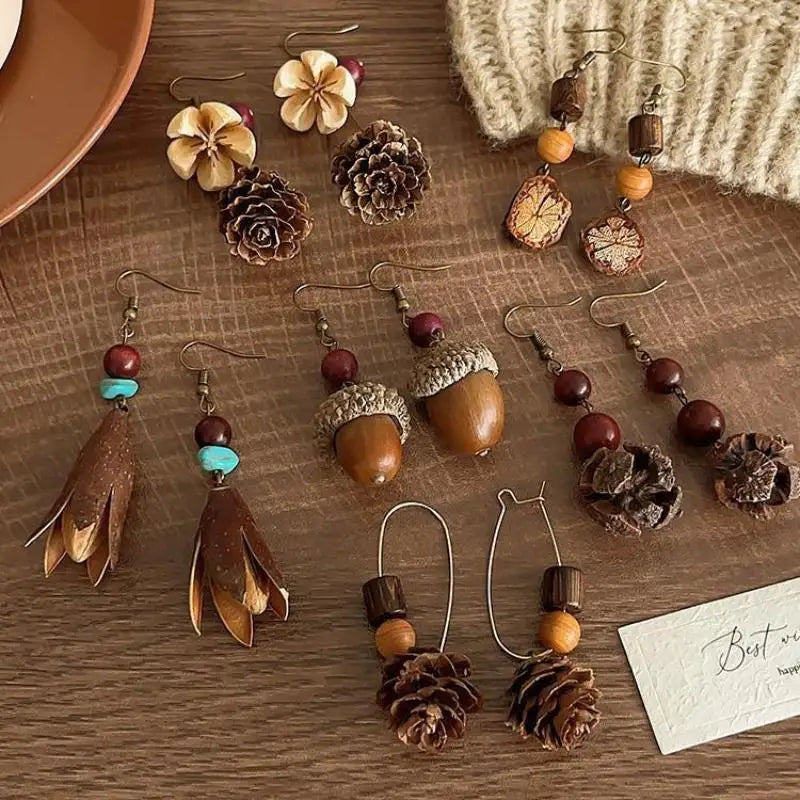 1Pair Vintage Wooden Plant Earring For Women Creative Natural Plant Dried Fruits Drop Earrings Ethnic Jewelry Pi-Mart