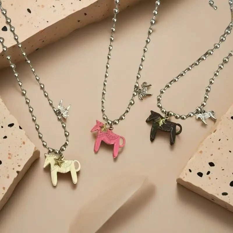 LATS White Black Green Blue Pink Color Enamel Colt Horse Pendant Necklaces for Women Silver Plated Alloy Beads Chain Chokers Pi-Mart