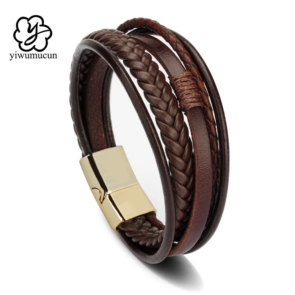 Trendy Leather Bracelets For Men Stainless Steel Bracelet 21CM Multilayer Braided Rope Bracelets for Male Jewelry Gifts Pi-Mart