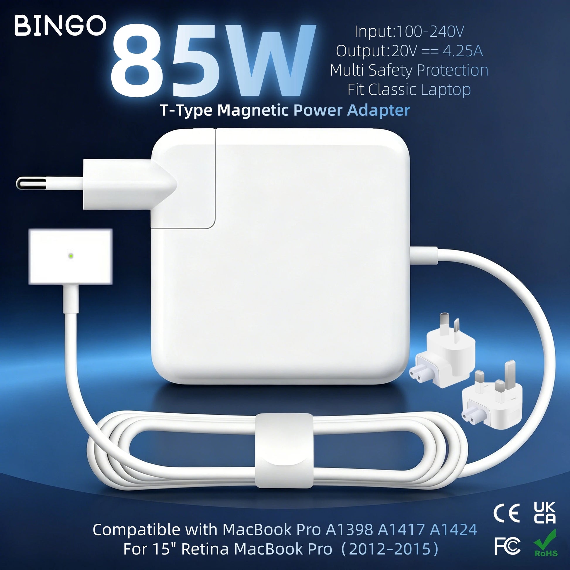 85W T-Type Magnetic Laptop Charger Power Adapter A1398 A1417 A1424 CE FCC RoHS UKCA Certified Pi-Mart