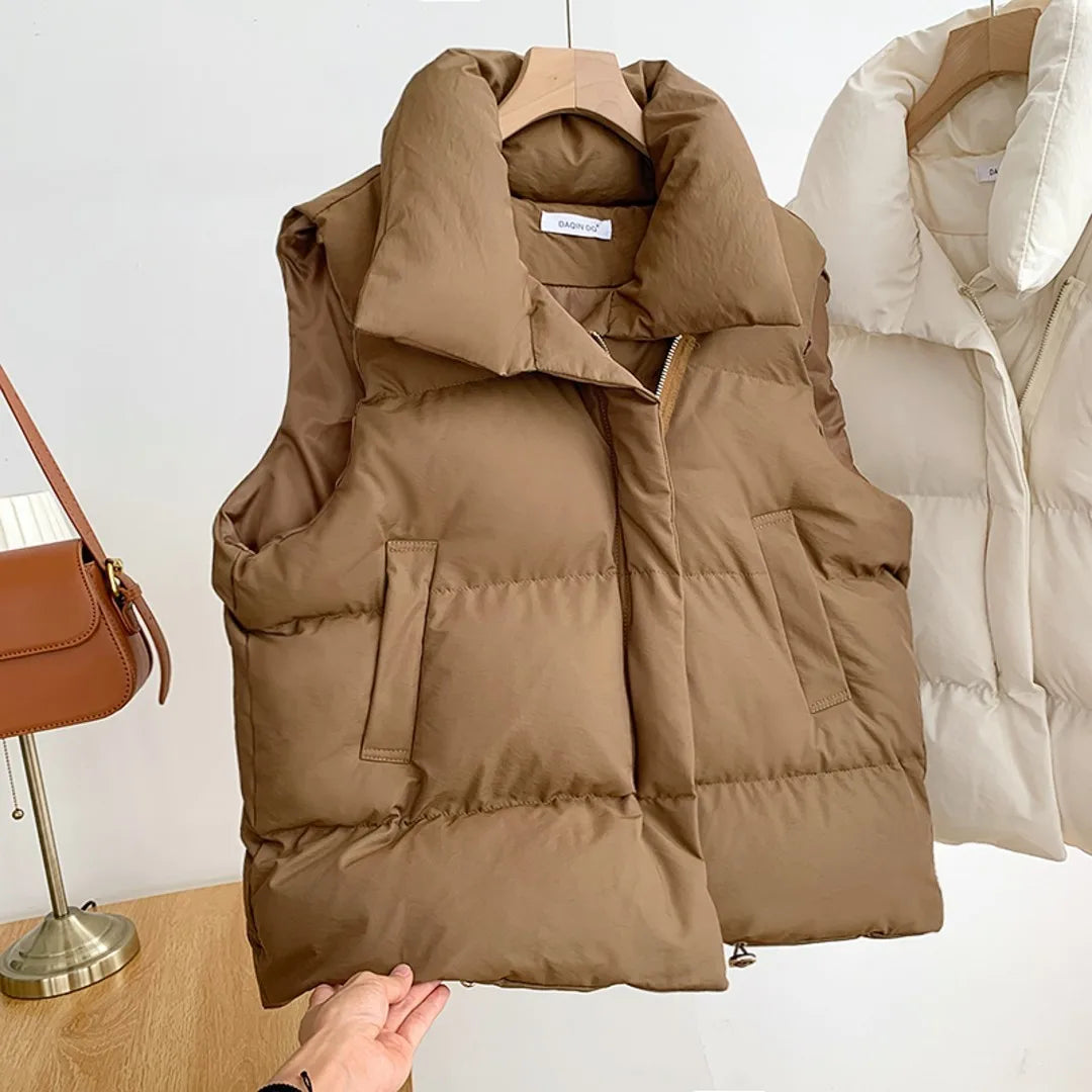 Women Fashion Autumn New 2024 Stand Collar Elegant Down Coats Warm Outerwear Casual Belt Sleeveless Winter Women Vests Jackets LadyShow.Store