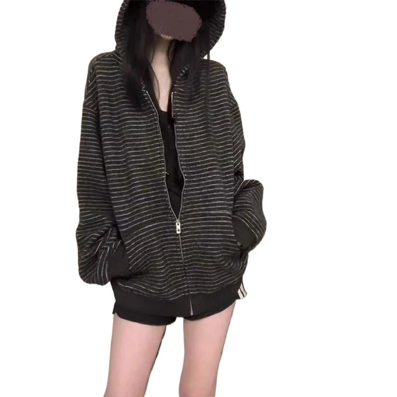 2000S American Vintage Striped Loose Long Sleeve Hooded Sweatshirt Y2k Subculture Casual Zip Up Hooded Cardigan Harajuku Coats LadyShow.Store
