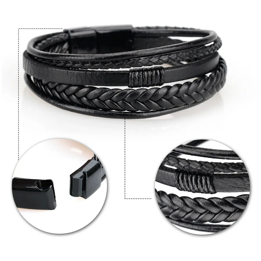Trendy Leather Bracelets For Men Stainless Steel Bracelet 21CM Multilayer Braided Rope Bracelets for Male Jewelry Gifts Pi-Mart
