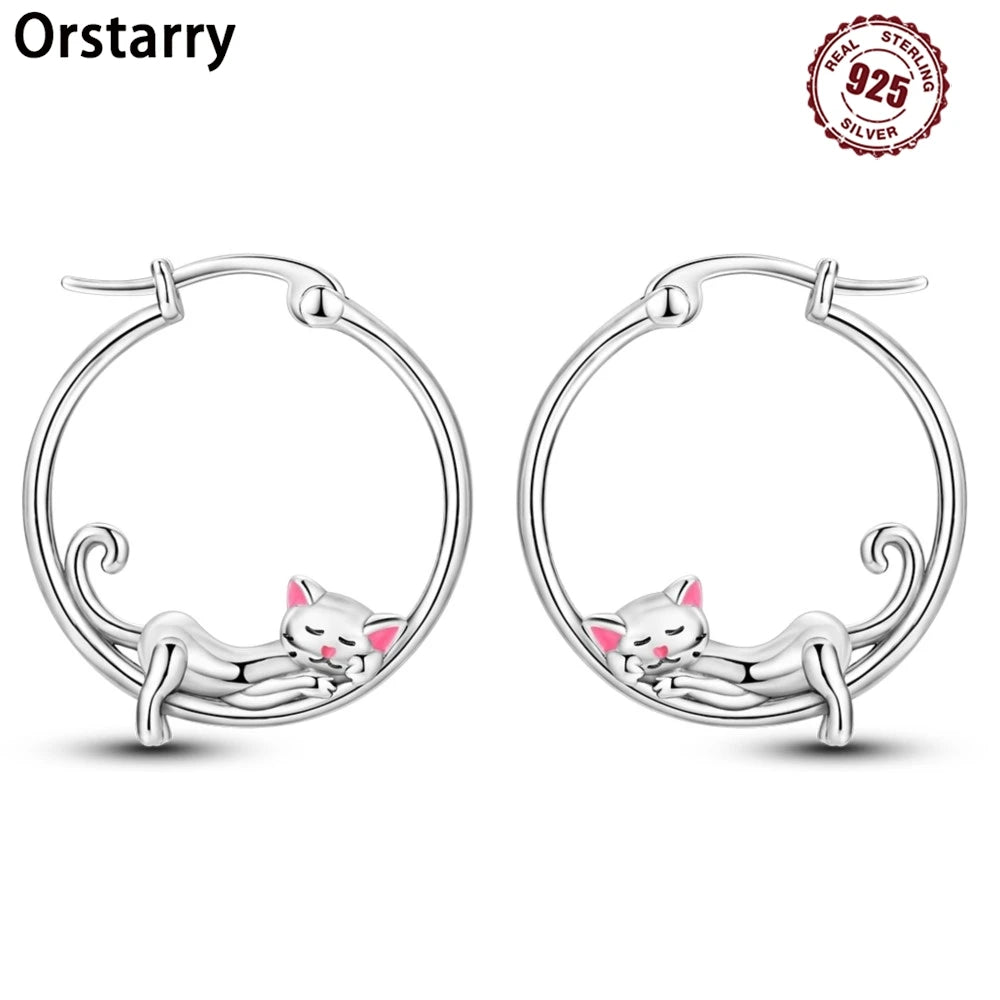 925 Sterling Silver Cute Lazy Cat Animal Pet Earrings Jewelry Hoop Earrings For Women Jewelry Birthday Party Fine Gifts Pi-Mart
